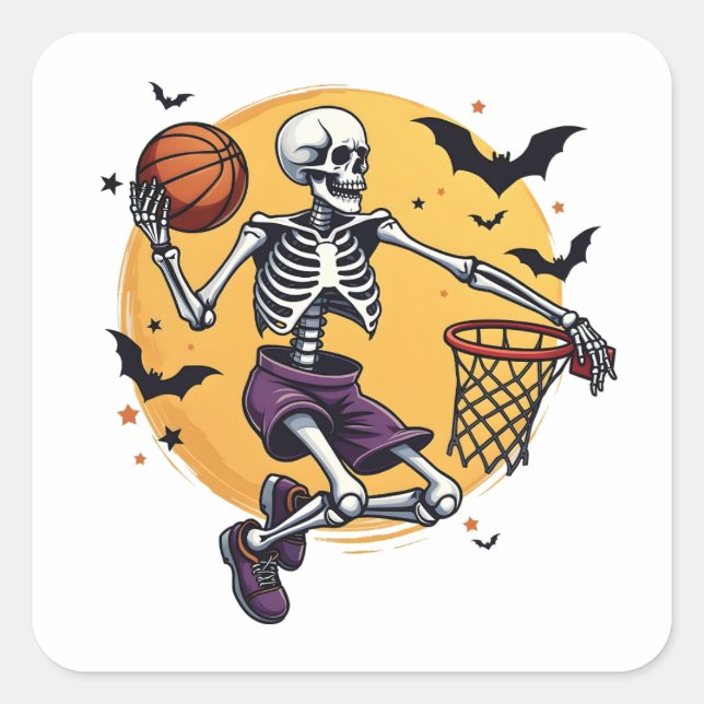 Spooky Skeleton Dunking Basketball Graveyard Hallo Square Sticker (Front)