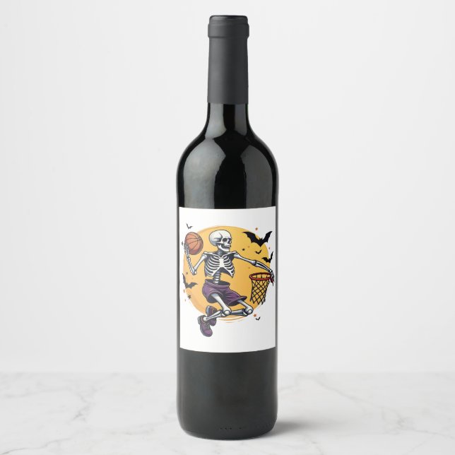 Spooky Skeleton Dunking Basketball Graveyard Hallo Wine Label (Front)