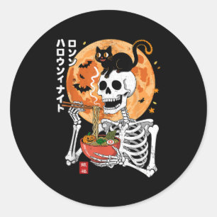 Spooky Skeleton Eating Ramen Bowl With Cat Hallowe Classic Round Sticker
