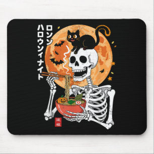 Spooky Skeleton Eating Ramen Bowl With Cat Hallowe Mouse Pad