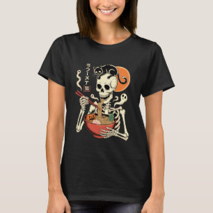 Spooky Skeleton Eating Ramen Bowl with Cat Hallowe T-Shirt