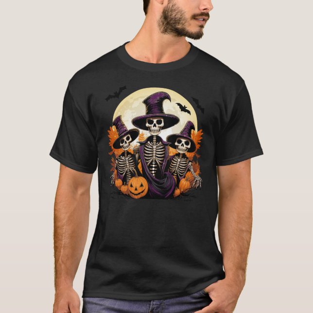 Spooky Skeleton Halloween Funny Skull & Pumpkin  T-Shirt (Front)