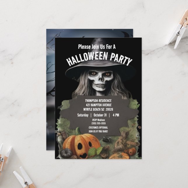 Spooky Skeleton Halloween Party   Invitation (Front/Back In Situ)