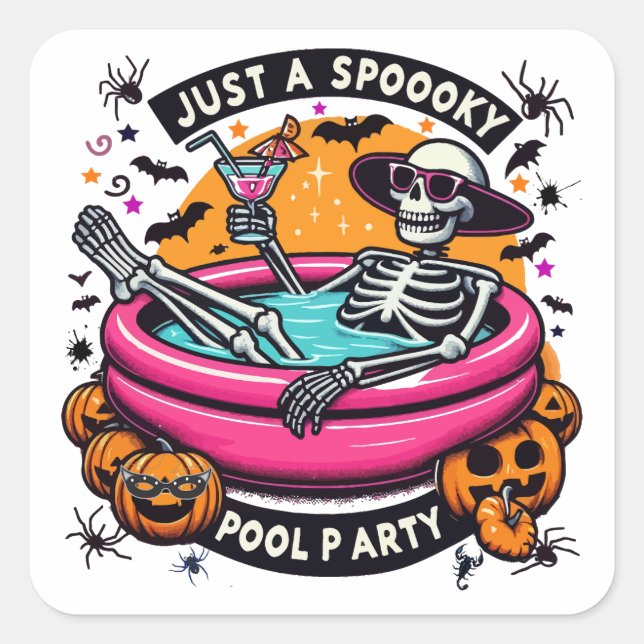 Spooky Skeleton Halloween Pool Party Design! Square Sticker (Front)