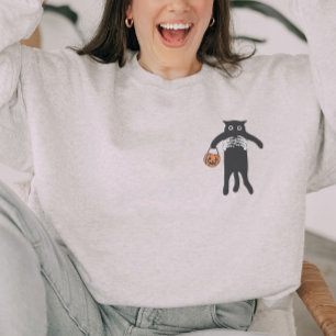 Spooky Skeleton Hand Holding Black Cat Halloween  Sweatshirt