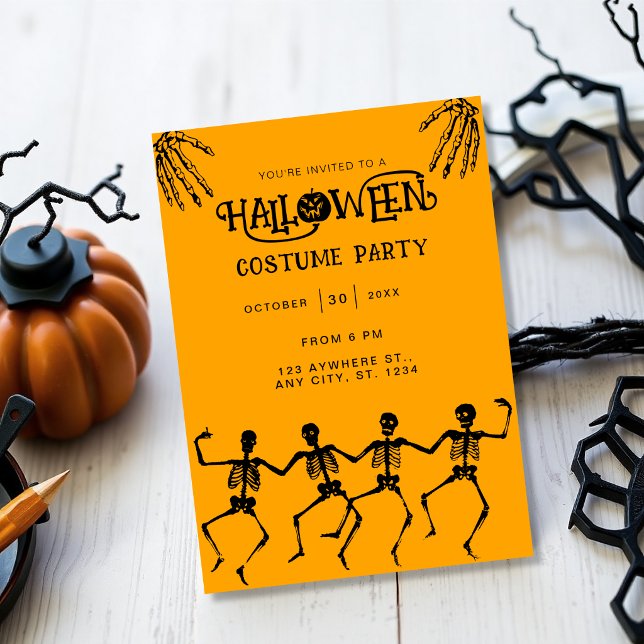 Spooky Skeleton Orange & black Halloween Party Invitation (Creator Uploaded)