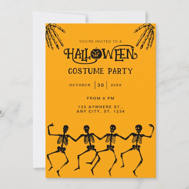 Spooky Skeleton Orange & black Halloween Party Invitation (Front)