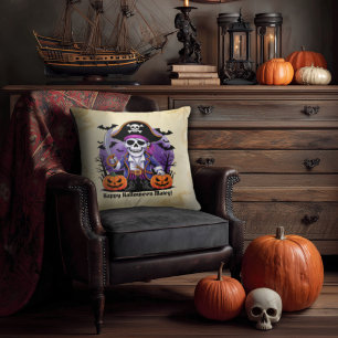 Spooky Skeleton Pirate Happy Halloween Matey Cushion