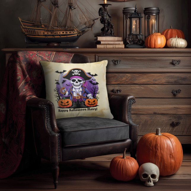 Spooky Skeleton Pirate Happy Halloween Matey Cushion (Creator Uploaded)