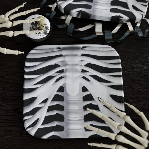 Spooky Skeleton Rib Cage Black and White Halloween Paper Plate