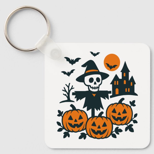 Spooky skeleton scarecrow and haunted house night key ring (Front)