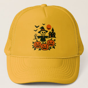 Spooky skeleton scarecrow and haunted house night trucker hat