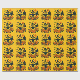 Spooky skeleton scarecrow and haunted house night wrapping paper