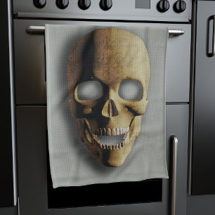 Spooky Skeleton Skull Halloween Grey and Brown Tea Towel