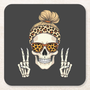 Spooky Skeleton Skull Leopard Halloween Mum Square Paper Coaster