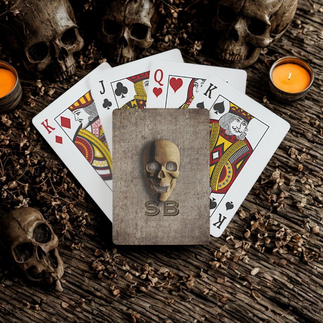 Spooky Skeleton Skull Monogram Playing Cards (Spooky skeleton poker cards with space for your initals)