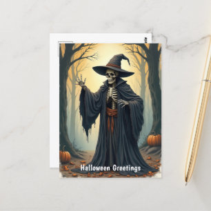 Spooky Skeleton Witch in Haunted Forest Halloween  Postcard