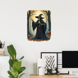 Spooky Skeleton Witch in Haunted Forest Halloween  Poster