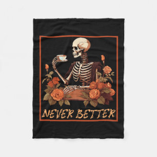 Spooky Skeleton With Coffee And Flowers Halloween  Fleece Blanket
