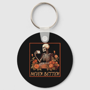 Spooky Skeleton With Coffee And Flowers Halloween  Key Ring