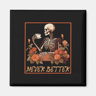 Spooky Skeleton With Coffee And Flowers Halloween Magnet