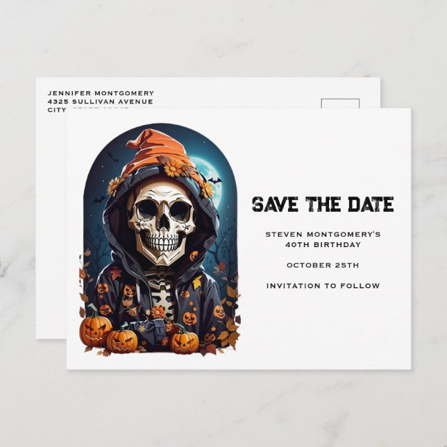 Spooky Skeleton with Evil Pumpkins Save the Date Invitation Postcard (Front/Back)