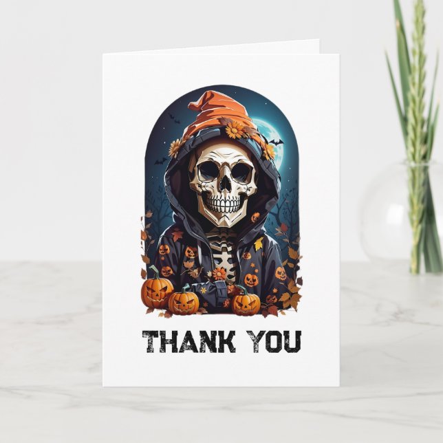 Spooky Skeleton with Evil Pumpkins Thank You Card (Front)