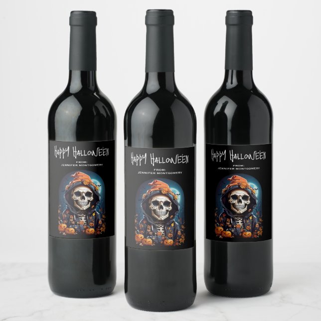Spooky Skeleton with Evil Pumpkins Wine Label (Bottles)