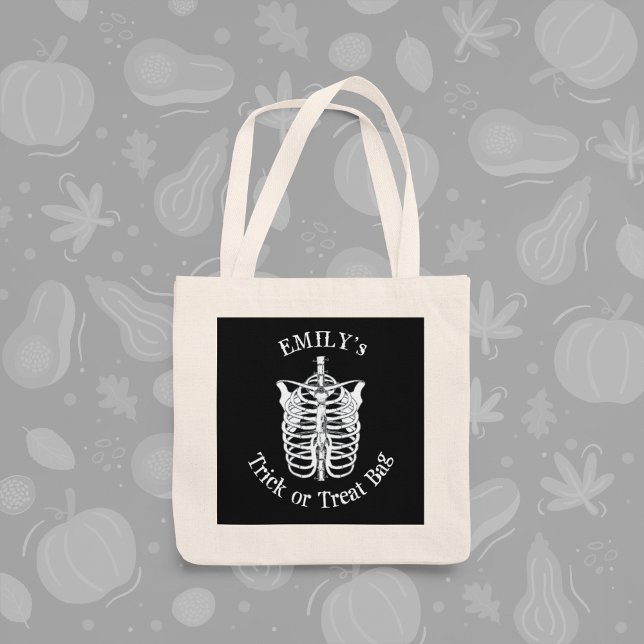 Spooky Skeleton X-Ray Halloween Tote Bag (Halloween skeleton trick or treat bag with spooky design for kids and fall celebrations.)