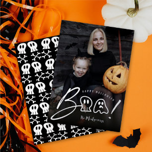 Spooky Skull And Ghost Boo! Script Halloween Photo Foil Holiday Card