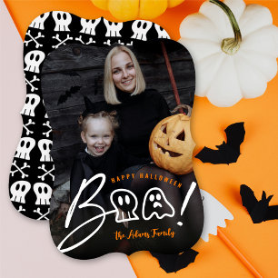 Spooky Skull And Ghost Boo! Script Halloween Photo Holiday Card