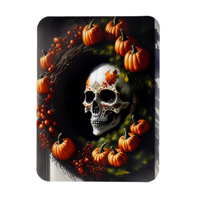 Spooky Skull and Pumpkin Wreath Magnet (Vertical)
