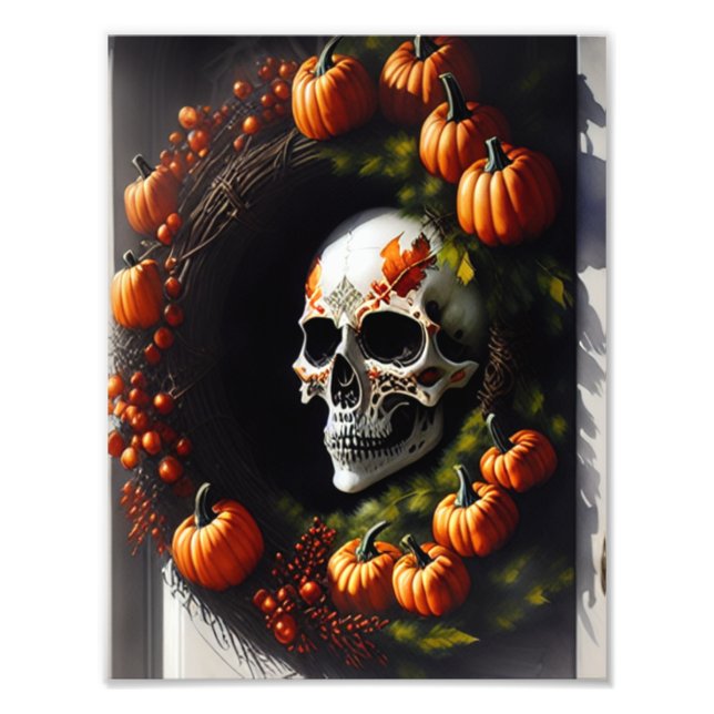 Spooky Skull and Pumpkin Wreath Photo Print (Front)