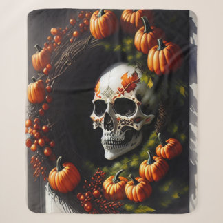 Spooky Skull and Pumpkin Wreath Sherpa Blanket