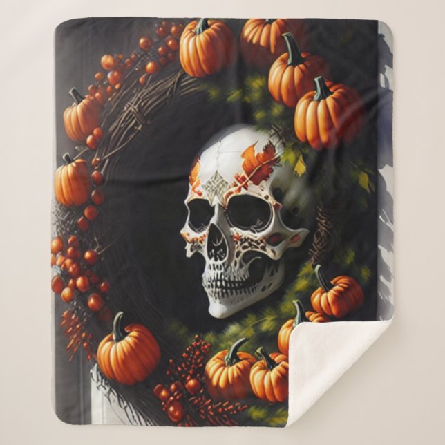 Spooky Skull and Pumpkin Wreath Sherpa Blanket (Front)