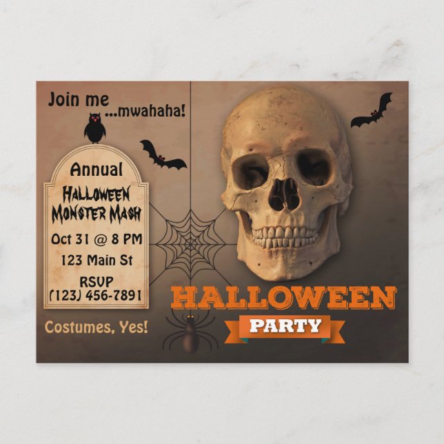 Spooky Skull, Bats and Spider Halloween Invitation Postcard (Front)