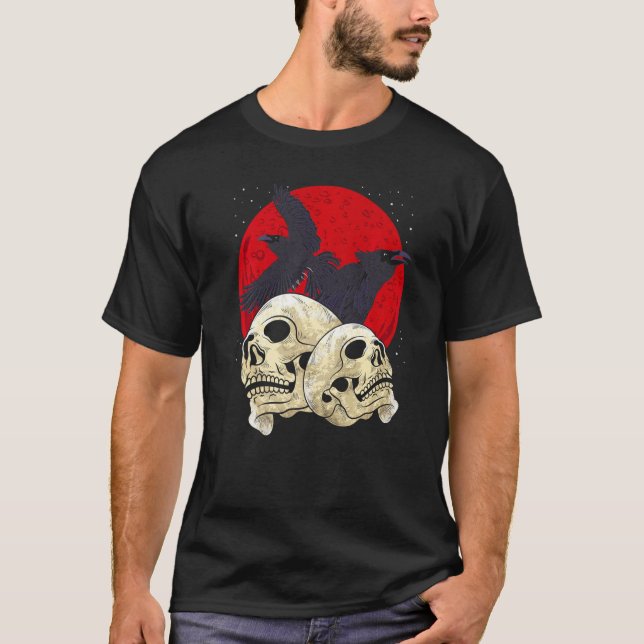 Spooky Skull Creepy Skeleton Head Crow Gothic Bird T-Shirt (Front)