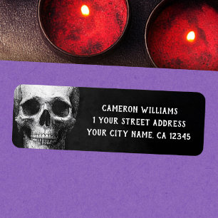 Spooky skull Halloween black return address Label