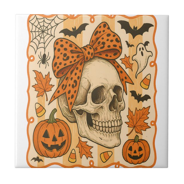 Spooky Skull Halloween Ceramic Tile (Front)