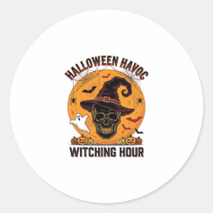 Spooky Skull Moon Vintage Halloween Witch Hat Desi Classic Round Sticker