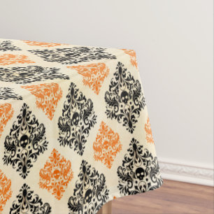 Spooky Skull Pattern Black Orange Gold Halloween Tablecloth