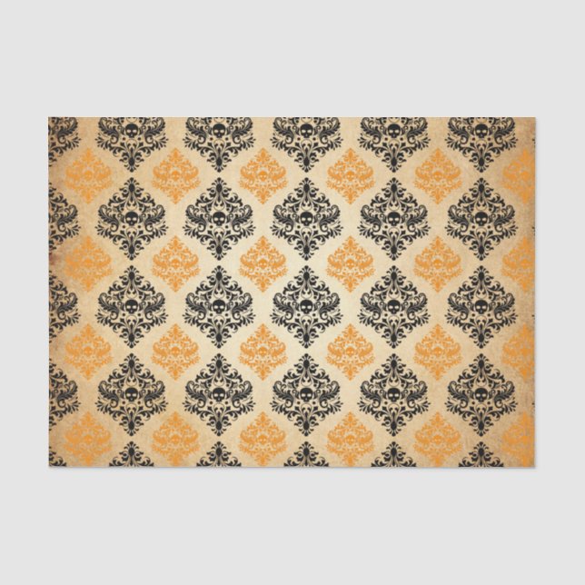 Spooky Skull Pattern Black Orange Gold Halloween Tissue Paper (Front)