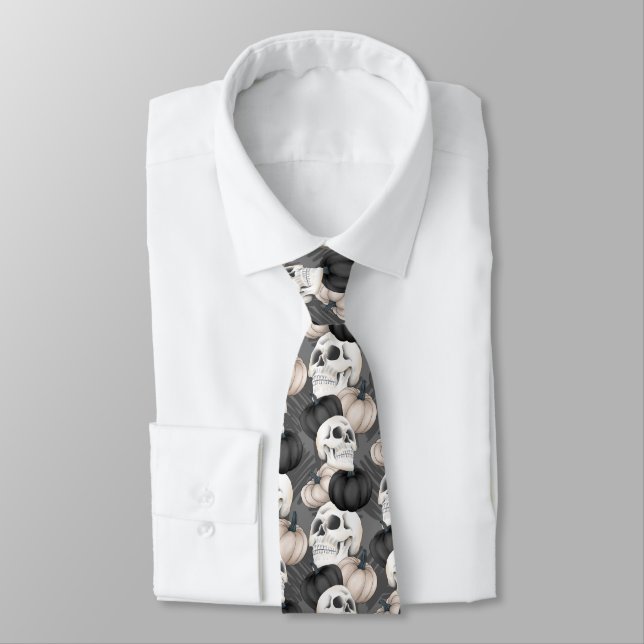 spooky skulls Halloween pumpkins tiled pattern Tie (Tied)