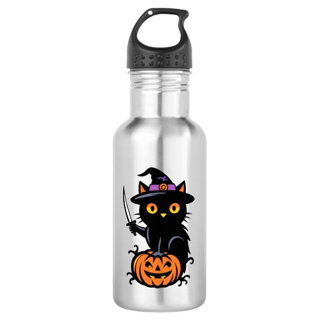 Spooky Sorcery: Black Cat on Pumpkin with Dagger 532 Ml Water Bottle (Front)