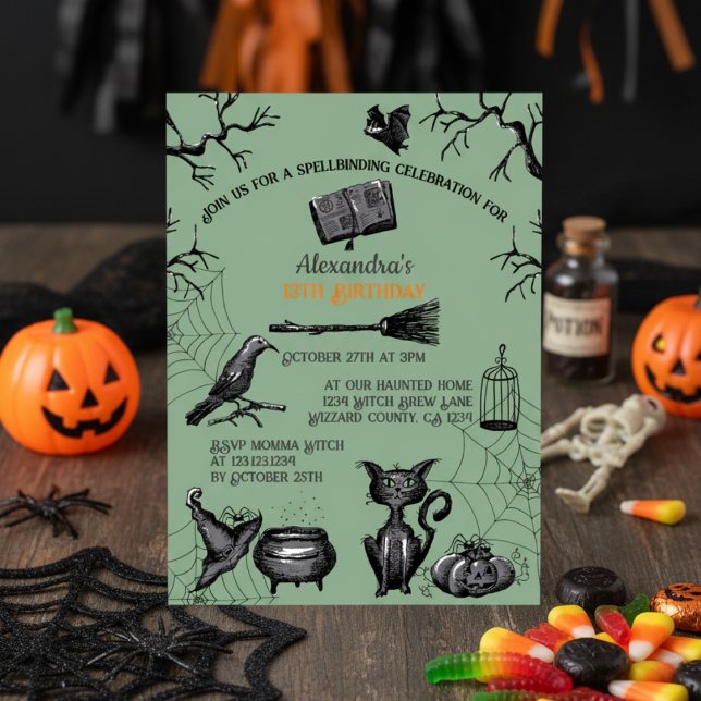 Spooky Spellbinding Halloween Birthday Party Invitation (Scary Kids Halloween Birthday Invitation in Green and Black. Spooky Pumpkin, Cat, Raven, Bat, Webs)