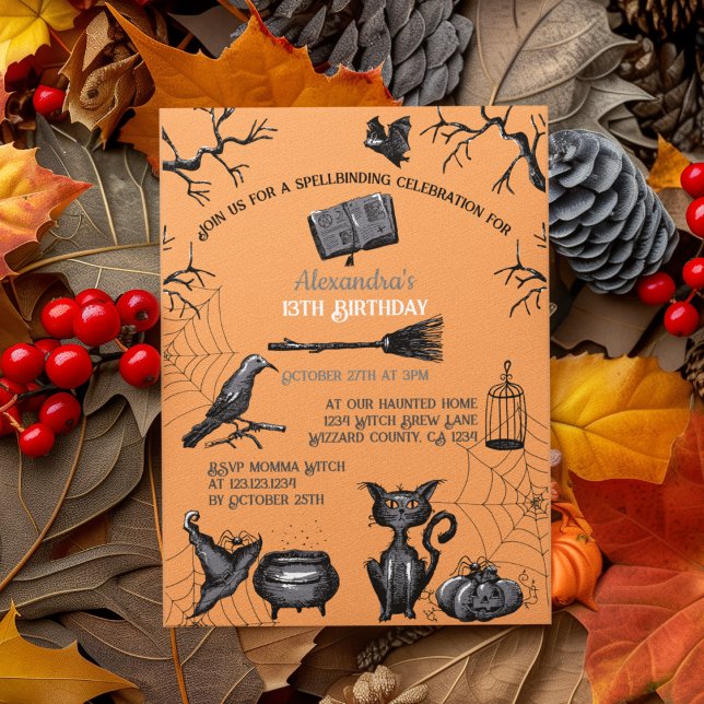 Spooky Spellbinding Halloween Birthday Party Invitation (Spooky Kids Halloween Party Invitation. Creepy Bats, Webs, Black Cat, Cauldron, Black Raven, Pumpkin)