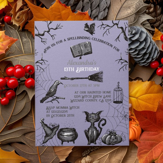 Spooky Spellbinding Halloween Birthday Party Invitation (Spooky Kids Halloween Party Invitation. Creepy Bats, Webs, Black Cat, Cauldron, Black Raven, Pumpkin)