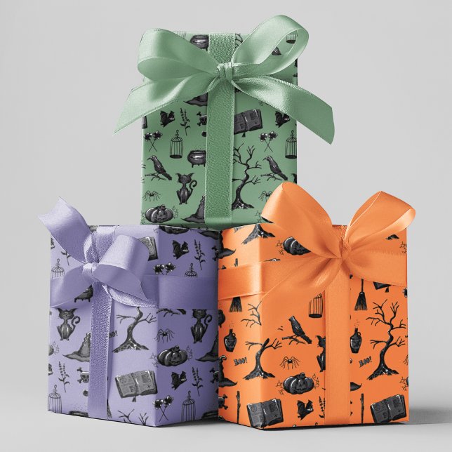 Spooky Spells Halloween Kids Birthday Party Wrapping Paper Sheet (Spooky Kids Halloween Wrapping Paper in Orange, Purple, Green. Pumpkin, Cat, Bat, Raven, Spellbook)