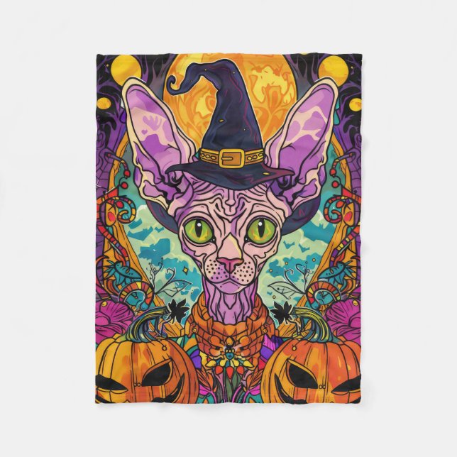 Spooky Sphynx Cat Halloween Witch And Pumpkin Fleece Blanket (Front)