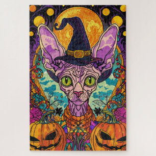 Spooky Sphynx Cat Halloween Witch And Pumpkin Jigsaw Puzzle